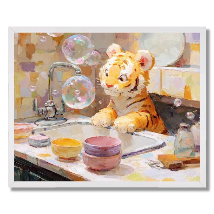KAWAII TIGER WASHING DISHES - FRAMED