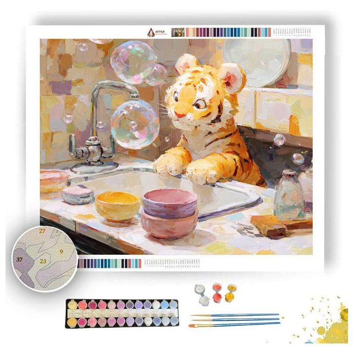 KAWAII TIGER WASHING DISHES - Paint by Numbers Full Kit