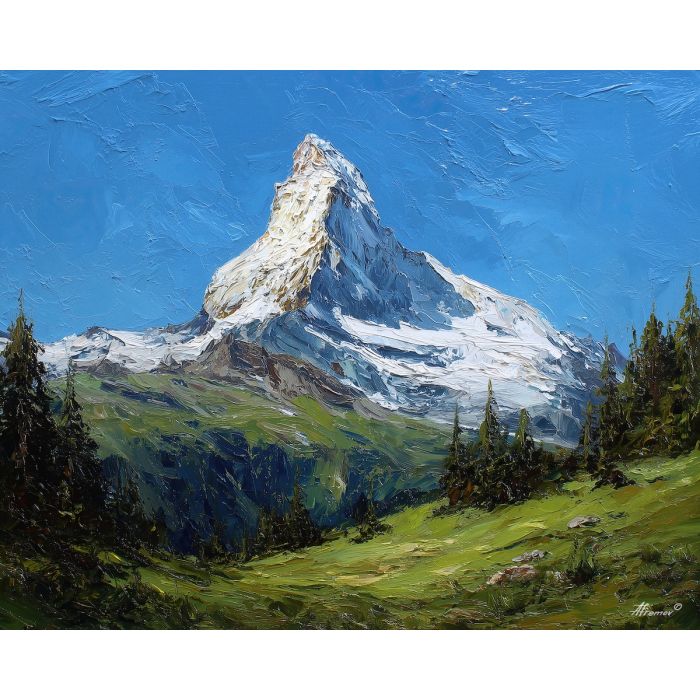 Matterhorn peak, Swiss Alps, snow-capped summit, golden light, green meadows, fir forests, alpine landscape, European mountain icon, palette-knife rock and snow, blue sky backdrop, high altitude view, Switzerland scenery, jagged peak, bright summit glow, scenic valley, mountain meadow, crisp alpine air, dramatic peak profile, outdoor Europe, classic Swiss view