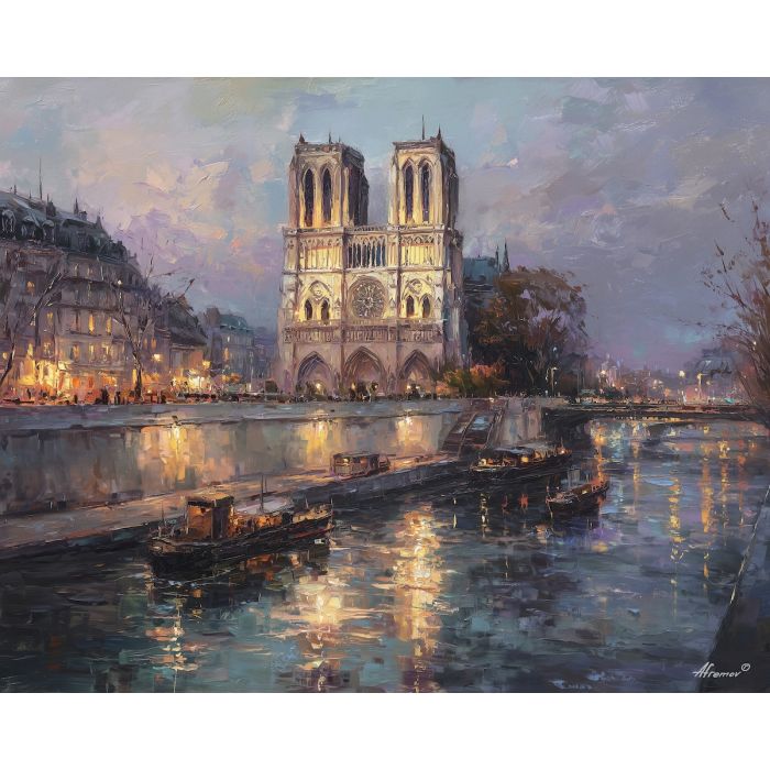 Notre Dame Cathedral, Paris riverside, Seine reflections, golden stone, evening sky, Gothic fa?ade, French landmark, soft violet water, palette-knife river, flying buttresses, ele de la Cit?, romantic Paris view, warm architecture light, blue dusk sky, historic cathedral, European cityscape, gentle glow, riverbank trees, twilight tones, classic Paris painting
