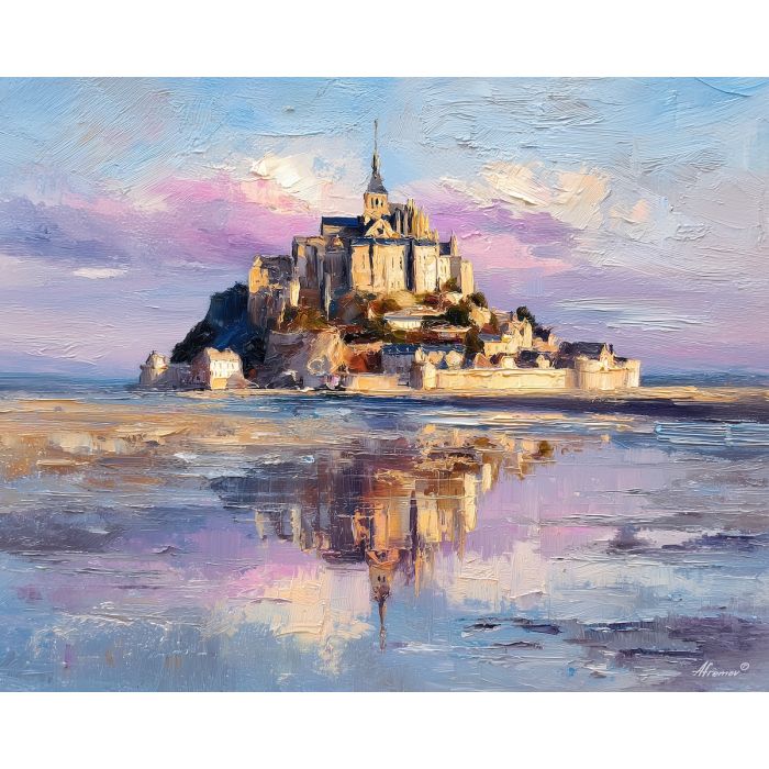 Mont Saint-Michel, tidal flats, island abbey, French coast, spire reflection, pink and blue sky, Normandy landscape, European monastery, water pools, palette-knife reflections, medieval fortress, rising island, coastal light, serene horizon, iconic France view, sand and water, evening sky colors, historic pilgrimage site, tower silhouette, reflective shore