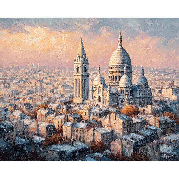 Sacre?-Coeur basilica, Montmartre hill, white domes, pastel Paris skyline, hazy city view, French church, hilltop landmark, European capital scene, palette-knife dome, artistic district Paris, soft light, romantic city vista, terraced hillside, distant rooftops, iconic basilica, cool white stone, gentle haze, elevated viewpoint, skyline and dome, bohemian quarter