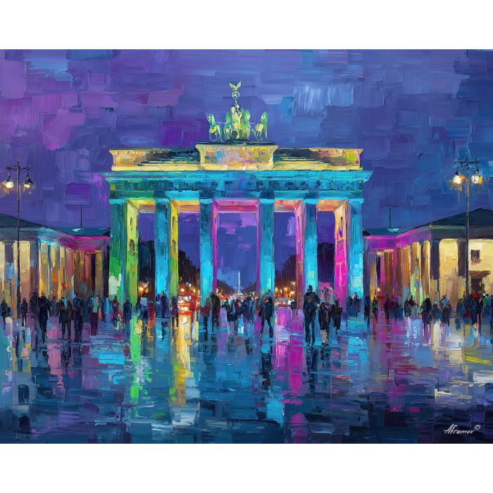 Brandenburg Gate lights, Berlin festival, colorful projections, vivid blue fa?ade, pink and green glow, illuminated monument, night event Europe, palette-knife color, German landmark, vibrant night scene, artistic light mapping, city celebration, bright column hues, iconic gate, cultural festival Germany, neon wash, glowing architecture, Berlin night sky, public square lights, radiant landmark