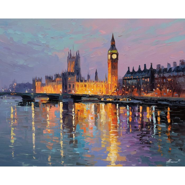 Big Ben, Elizabeth Tower, London skyline, Houses of Parliament, golden hour light, pastel sky, British landmark, riverside cityscape, warm stone glow, palette-knife architecture, Westminster view, soft clouds, European capital scene, iconic clock tower, evening transition, light on fa?ade, London riverfront, skyline silhouette, classic UK view, city landmark art
