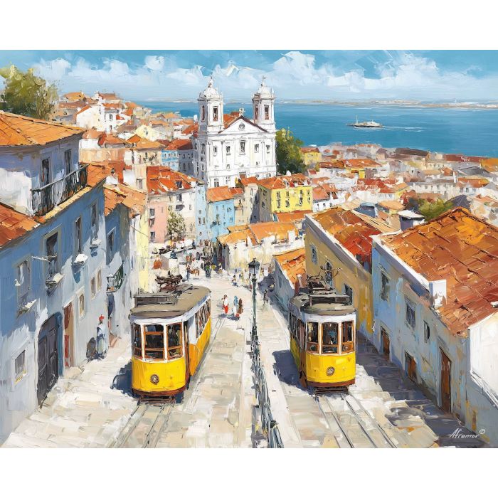 Lisbon Alfama, yellow tram, steep cobbled street, pastel houses, red-tiled roofs, Tagus River view, Portuguese hillside, Mediterranean light, palette-knife fa?ades, historic quarter, European tramway, warm street scene, coastal city Europe, colorful buildings, hillside neighborhood, old town Lisbon, white and ochre tones, city above river, charming street view, Portugal landmark