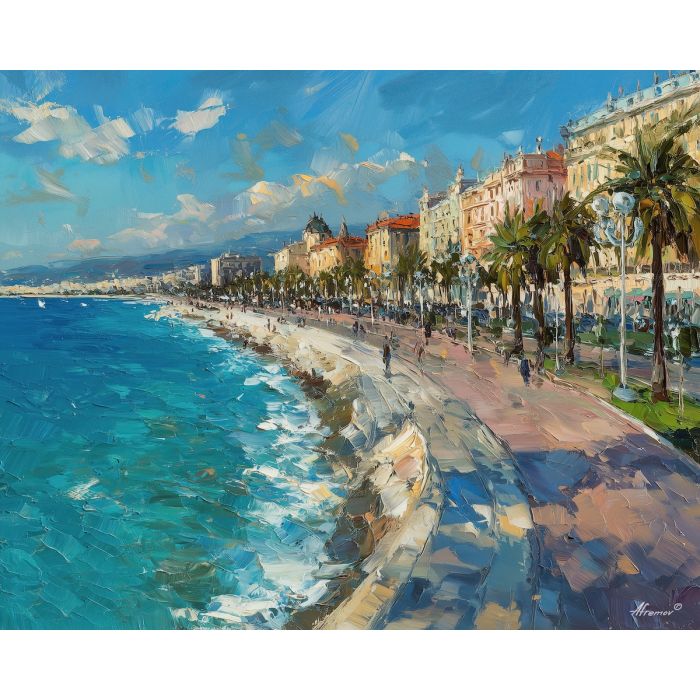 Nice promenade, French Riviera, palm-lined shore, azur sea, pastel fa?ades, Mediterranean coast, curved seaside walk, C?te d'Azur, palette-knife waves, sunny coastline, beachfront road, soft golden light, turquoise water, European resort city, warm promenade glow, coastal city France, palm trees and sea, shorefront buildings, late afternoon colors, Riviera landscape