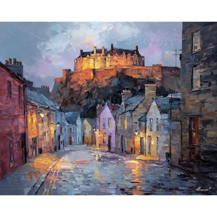 Edinburgh Castle, volcanic hill, Scottish cityscape, stone fortress, slate rooftops, cobbled streets, warm stone light, medieval stronghold, Scotland landmark, palette-knife texture, Old Town Edinburgh, historic skyline, castle on rock, grey and amber tones, northern Europe scene, heritage architecture, fortified hilltop, city beneath castle, dramatic elevation, historic Scotland view