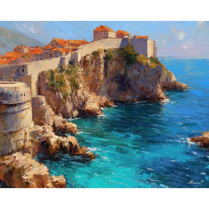 Dubrovnik walls, Adriatic Sea, amber stone ramparts, rocky coastline, Croatian old town, turquoise water, fortified city, palette-knife sea, medieval walls, red roofs, coastal fortress, southern Europe coast, cliffside city, sunlit stone, bright blue sea, UNESCO town, seaside ramparts, harbor entrance, Mediterranean light, historic coastal view