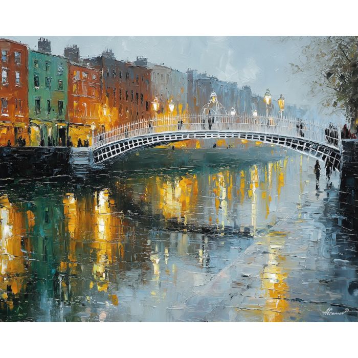 Ha'penny Bridge, Dublin river, Liffey reflections, rainy cityscape, white cast-iron bridge, Irish landmark, wet pavement shine, green and gold water, palette-knife rain texture, European river town, city lights on water, overcast sky, historic pedestrian bridge, Ireland capital scene, soft evening glow, rippling reflections, moody city light, rainy Ireland, iconic Dublin view, old bridge scene