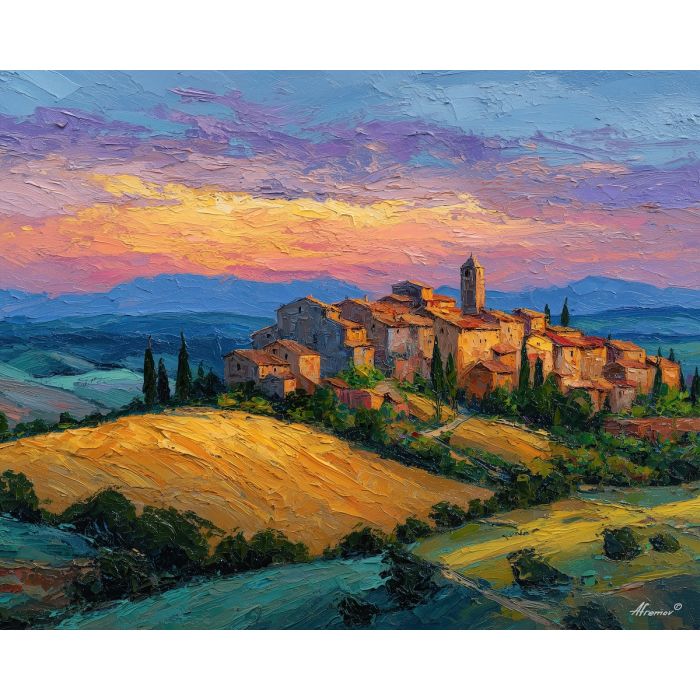 Tuscan village, hilltop town, golden fields, rolling hills, Italian countryside, stone houses, cypress trees, warm sunset sky, green and gold farmland, palette-knife fields, rural Tuscany, terracotta roofs, Mediterranean light, patchwork landscape, classic Italy view, pastoral scene, summer harvest tones, countryside panorama, European rural charm, sunset farmland
