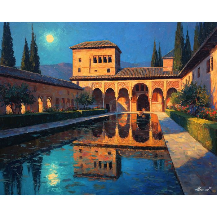 Alhambra courtyard, Granada palace, Moorish arches, moonlit reflections, still pool, Islamic patterns, Spanish fortress, intricate columns, night courtyard, palette-knife reflections, Andalusian landmark, lace-like stonework, quiet palace garden, soft blue night, historical Spain, ornate architecture, water mirror, Moorish heritage, geometric patterns, serene night scene