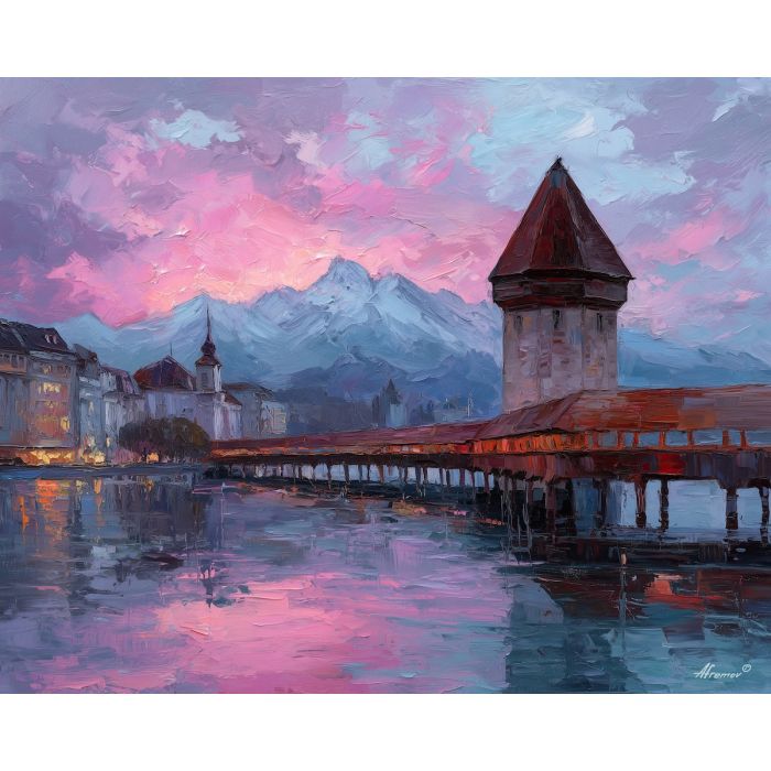 Chapel Bridge, Lucerne lake, wooden covered bridge, water tower, Swiss Alps backdrop, sunrise reflections, pink clouds, calm lake surface, Swiss town scene, palette-knife water, historic bridge Europe, mountain silhouette, early morning glow, lakeside houses, mirror-like surface, Swiss heritage, serene alpine city, old town Lucerne, cool and warm tones, lakeshore landmark
