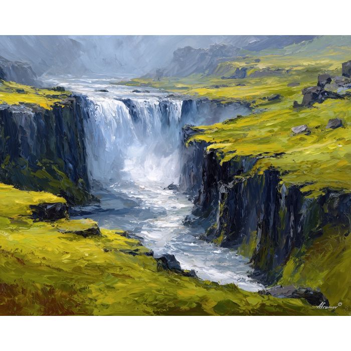 Iceland waterfall, mossy rocks, green fields, golden cascade, misty gorge, Nordic landscape, wide falls, volcanic rock, palette-knife water, bright green moss, cool sky, northern nature scene, dramatic falls, rugged terrain, northern Europe landscape, wild Iceland view, powerful river drop, fresh color contrast, nature highlight, remote waterfall