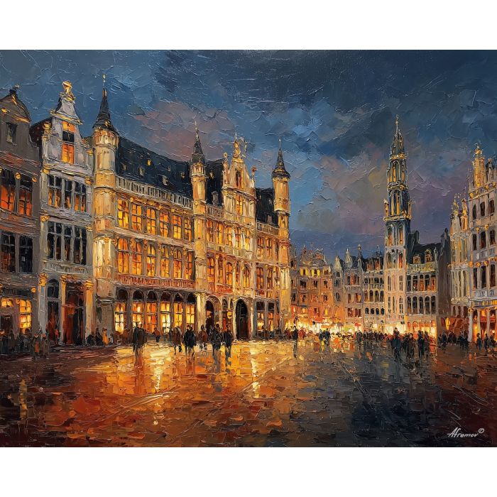 Brussels Grand Place, gilded guildhalls, Belgian square, twilight sky, warm window lights, ornate fa?ades, European plaza, historic city center, palette-knife architecture, gold details, cobbled square, night blue backdrop, baroque buildings, illuminated ornament, central Brussels, rich stone carvings, evening glow, city landmark, decorative rooftops, European heritage