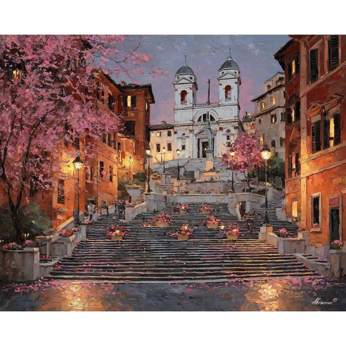 Spanish Steps, Rome landmark, flower boxes, pink blossoms, evening lamplight, Trinit? dei Monti, Italian staircase, twilight city scene, palette-knife stairs, warm stone tones, historic square, terraced steps, romantic Italy, street lanterns, gathering place Rome, floral accents, pastel sky, Mediterranean city, European landmark, illuminated stairway
