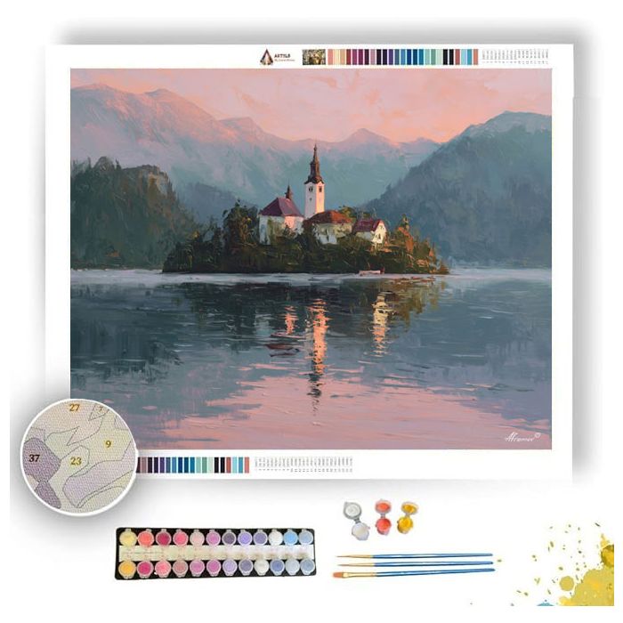 LAKE BLED ISLAND CHAPEL DAWN - Paint by Numbers Full Kit