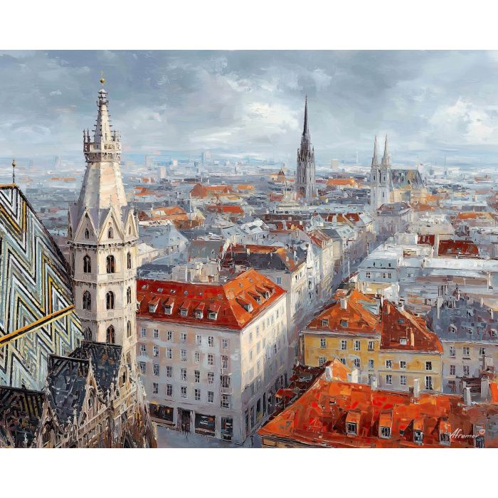 St. Stephen's Cathedral, Vienna spire, tiled roof pattern, Austrian city rooftops, red and gray houses, European cathedral, Gothic tower, skyline above roofs, palette-knife tiles, historic center Vienna, old town view, church above city, patterned roof colors, central Europe landmark, medieval tower, warm and cool roof tones, classic Vienna view, cultural Austria, skyline church, rooftop landscape