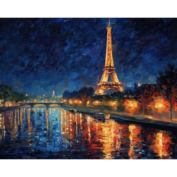 Eiffel Tower, Paris night, golden lights, midnight blue sky, Seine reflections, French landmark, illuminated tower, European skyline, romantic cityscape, palette-knife reflections, warm gold glow, dark river water, iconic Paris view, city of lights, night architecture, steel tower glow, deep blue background, shimmering highlights, urban river scene, classic France landmark