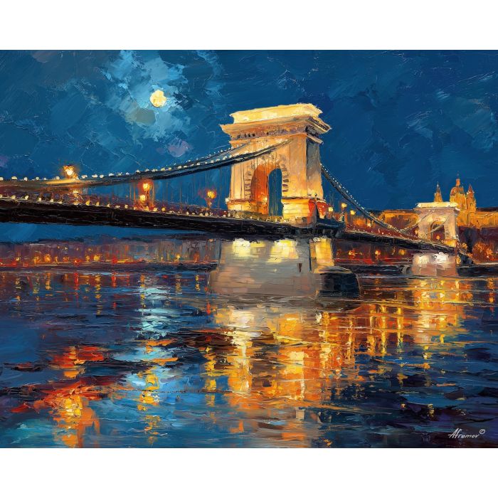 Chain Bridge, Budapest night, Danube reflections, suspension bridge lights, moonlit sky, Hungarian landmark, stone lions, city river scene, palette-knife water, golden lamps, blue night hues, central Europe cityscape, glowing bridge line, quiet river surface, Buda and Pest banks, illuminated spans, European capital, bridge under moon, night skyline, river landmark