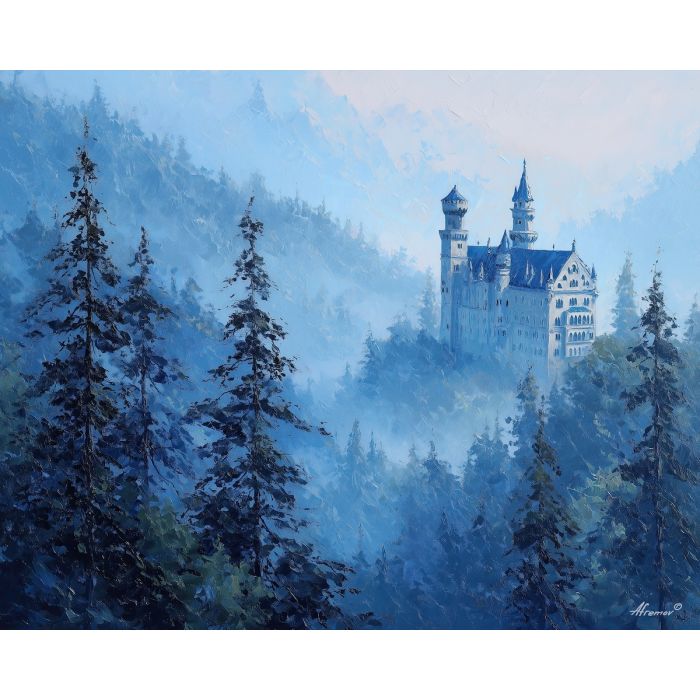 Neuschwanstein Castle, Bavarian forest, fairytale towers, misty pines, blue morning light, German landmark, romantic castle, alpine hillside, European palace, palette-knife fog, soft silver tones, Bavarian Alps, iconic Germany scene, turrets and spires, dreamy castle view, forested slopes, castle on hill, fairy-tale architecture, mist in trees, mountain castle painting