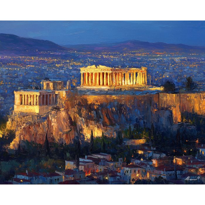 Acropolis Athens, Parthenon temple, golden stone ruins, twilight sky, deep blue evening, Greek cityscape, hilltop landmark, illuminated columns, European heritage, palette-knife architecture, ancient citadel, sprawling city lights, historic Greece, classical ruins, warm and cool contrast, nightfall over Athens, sacred rock view, iconic Europe monument, elevated skyline, twilight ruins