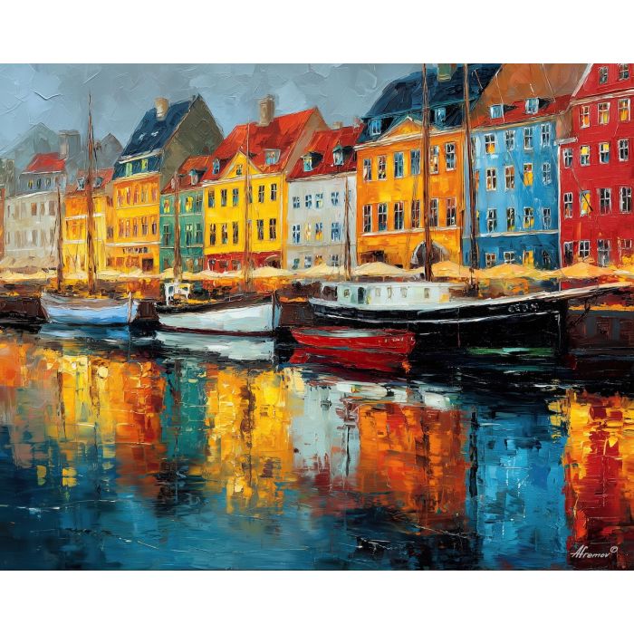 Nyhavn harbour, Copenhagen canal, colorful houses, Danish waterfront, red blue yellow fa?ades, moored boats, Scandinavian cityscape, palette-knife reflections, bright harbor scene, Nordic pastel tones, old town quay, European port, calm canal water, maritime street, caf?-lined quay, vibrant architecture, northern Europe landmark, sunny harbour, colorful row, boat reflections