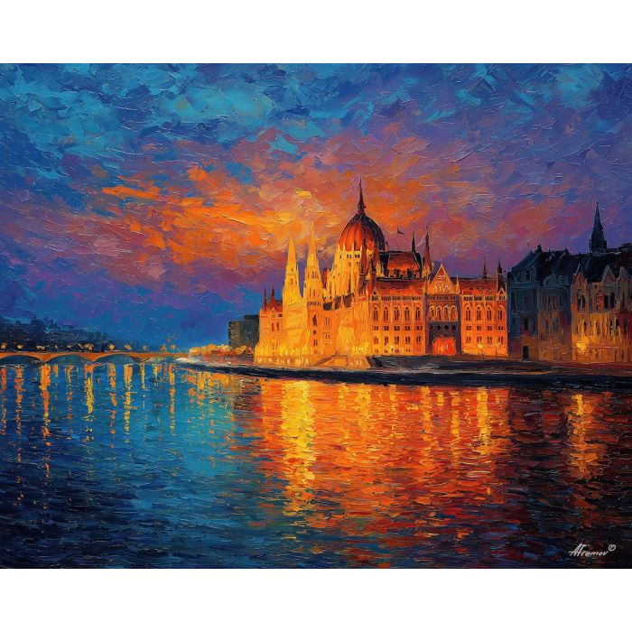 Budapest Parliament, Danube River, golden fa?ade, night reflections, orange and red water, Hungarian landmark, neo-Gothic palace, illuminated cityscape, central Europe skyline, palette-knife glow, riverside parliament, fiery reflection streaks, historic building, evening lights, iconic Budapest view, night river scene, warm architectural lighting, dramatic water glow, European capital, palace by river