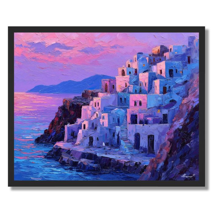 SANTORINI CLIFF HOUSES AT DUSK - FRAMED
