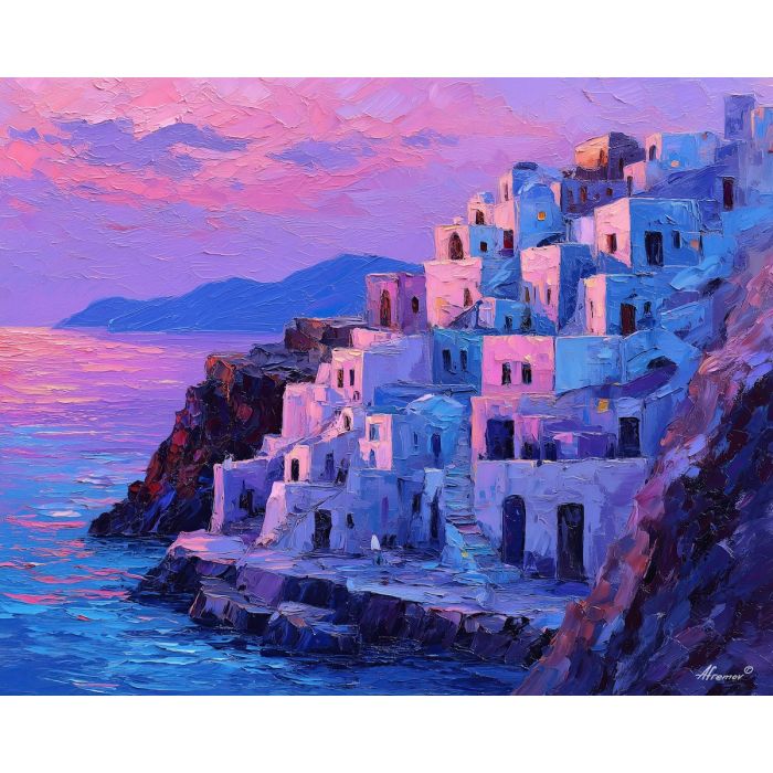 Santorini cliffs, white houses, Greek island sunset, Aegean Sea, blue domes, pastel sky, pink and violet bands, Mediterranean coastline, cascading homes, palette-knife seascape, volcanic island, terraced village, iconic Greece view, warm evening light, sea reflections, Cycladic architecture, glowing horizon, island hillside, cliffside settlement, coastal Europe