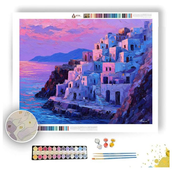 SANTORINI CLIFF HOUSES AT DUSK - Paint by Numbers Full Kit