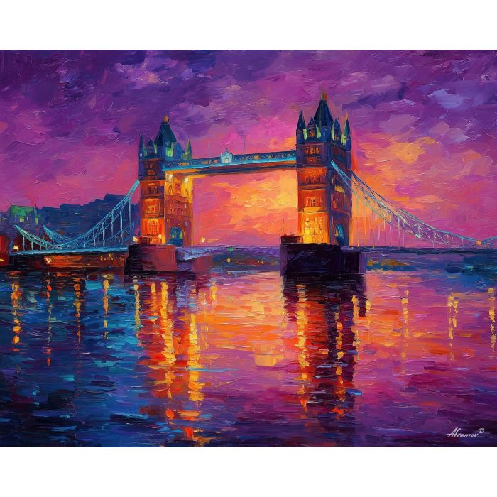 Tower Bridge, London landmark, Thames River, sunset sky, purple and amber clouds, bridge reflection, British cityscape, stone bridge towers, iconic London scene, palette-knife river, rippling water light, warm evening glow, European capital view, Gothic bridge details, colored sky, waterfront skyline, warm and cool contrast, historic bridge art, city river sunset, UK landmark painting