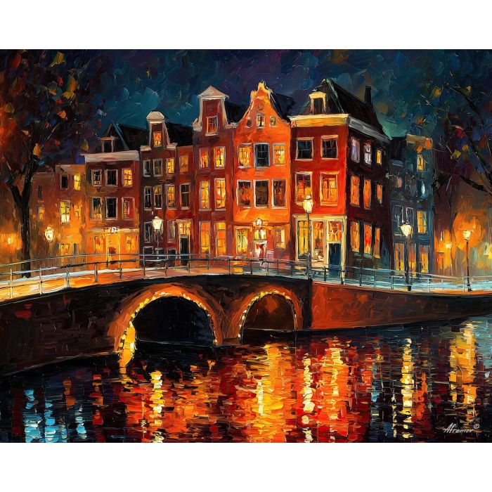 Amsterdam canal, brick houses, arched bridge, bicycle lights, Dutch cityscape, night reflections, warm window glow, European canal scene, palette-knife water, leaning fa?ades, old town Amsterdam, narrow houses, golden street lamps, cool canal blues, iconic Netherlands view, historic bridge, rippling water reflections, canal-side evening, cozy city scene, urban waterways