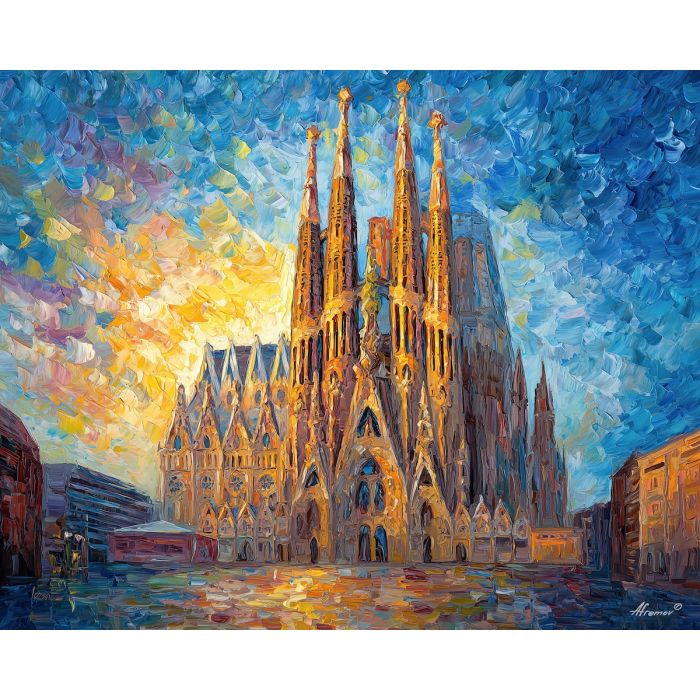 Sagrada Fam?lia, Barcelona skyline, Gaud? architecture, basilica spires, Mediterranean sky, warm sunlight, stained glass colors, Catalan landmark, organic stone forms, palette-knife texture, Spanish cityscape, modernist church, intricate fa?ade, blue and gold tones, iconic Barcelona view, soaring towers, sunlight shimmer, architectural masterpiece, European basilica, unique church art