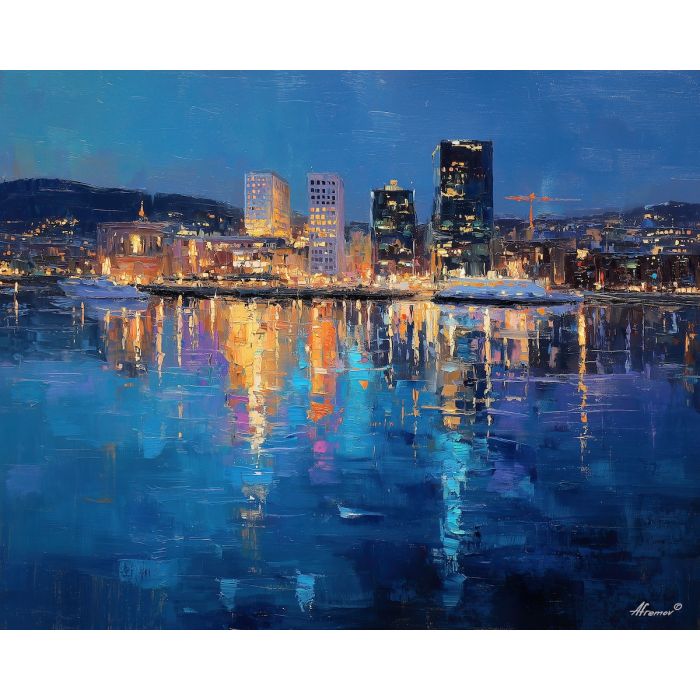 Oslo fjord, Scandinavian skyline, calm blue water, twilight glow, Nordic city lights, waterfront reflections, Norwegian capital, palette-knife water, soft night colors, harbor buildings, northern dusk, cool blue tones, gentle shimmer, European fjord city, waterfront promenade, lights on water, subtle skyline, moody northern evening, quiet harbor, Oslo night scene