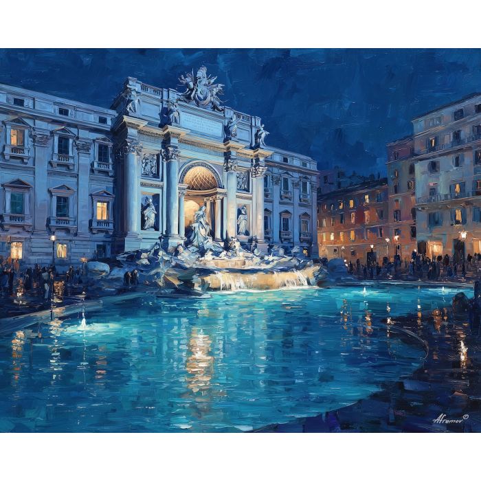 Trevi Fountain, Rome night, Baroque statues, ivory stone, turquoise water, Italian fountain, moonlit plaza, European landmark, cascading pool, palette-knife water, historic Rome scene, sculpted figures, softly lit fa?ade, night fountain glow, turquoise basin, romantic Italy, marble architecture, city square at night, gentle reflections, classic Rome art