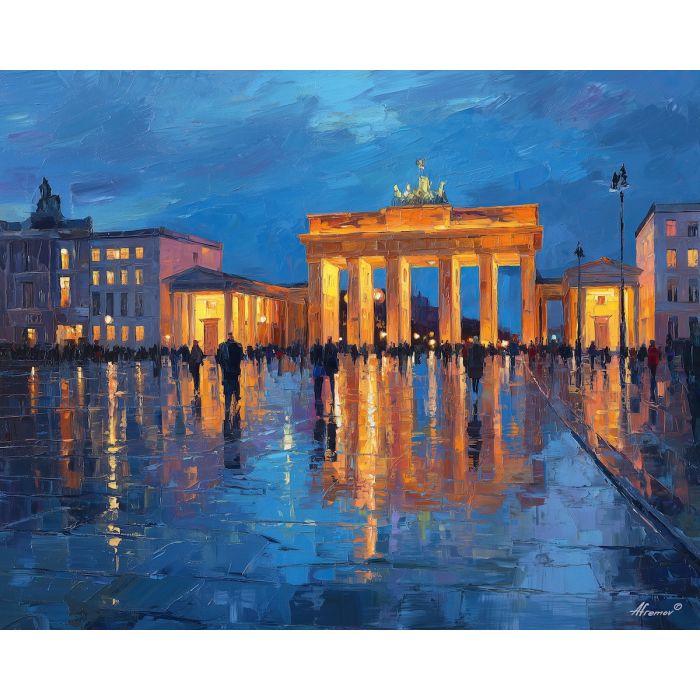 Brandenburg Gate, Berlin landmark, amber-lit columns, evening blue sky, neoclassical arch, German capital, historic gate, city square, palette-knife stone, soft reflections, European monument, symbolic city entry, subtle nightfall, cultural Germany, illuminated fa?ade, cobbled plaza, warm and cool tones, central Berlin, quadriga silhouette, iconic Europe scene