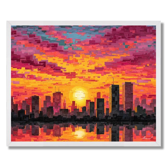 PIXEL SUNSET OVER CITY - FRAMED