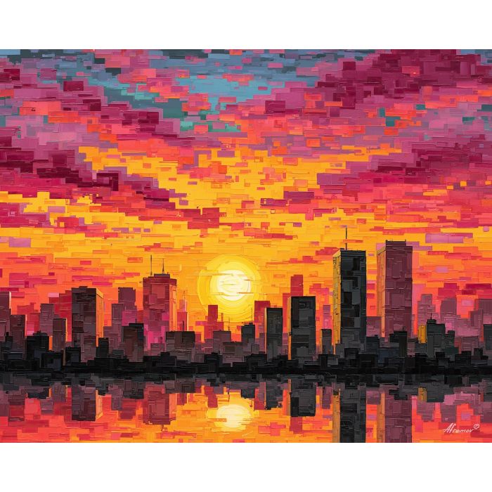 pixel art city, retro sunset, 8-bit skyline, orange magenta glow, pixel blocks, digital style, nostalgic game art, pixel horizon, neon city colors, geometric shapes, arcade style, pixel buildings, sunset sky, colorful blocks, low-res aesthetic, vaporwave tones, city silhouette, pixel gradients, digital retro decor, blocky skyline