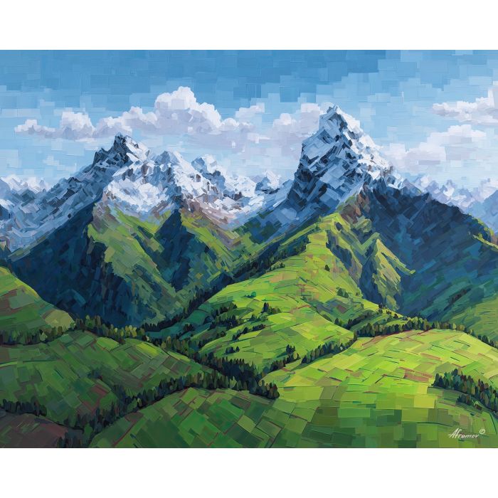 pixel mountains, retro valley, 8-bit landscape, green slopes, pixel sky, snow peaks, geometric terrain, digital mountains, low-res nature, block colors, simplified shapes, nostalgic gaming style, pixel gradient sky, serene landscape, pixelated forest, crisp slopes, blue mountains, retro hill scene, classic 8-bit palette, pixel art decor