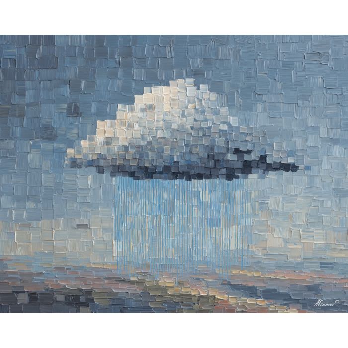 pixel rain, minimal weather scene, gray cloud block, blue rain strips, 8-bit rain design, simple nature pixel art