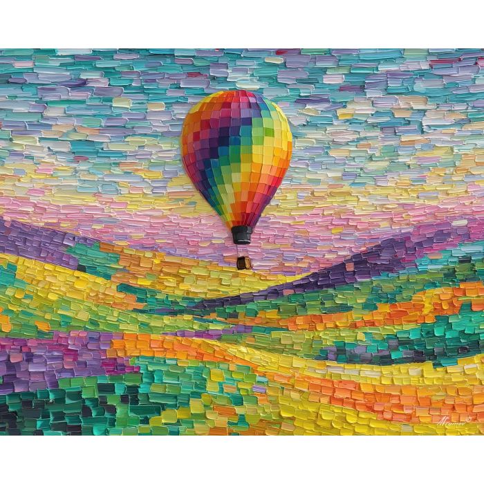 pixel hot air balloon, retro colors, 8-bit sky, patchwork fields, pixel valley, blocky farmland, colorful balloon, game style landscape, digital countryside, pixel horizon, flying scene, pattern fields, vibrant blocks, geometric travel art, low-res style, hot air adventure, pixel terrain, retro floating scene, bright balloon print