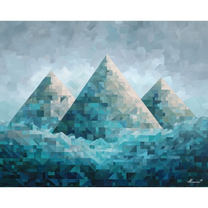 pixel mountains, minimal mountain art, triangle peaks, teal blue gray palette, 8-bit landscape, simple shapes, geometric nature pixel, flat mountain silhouettes