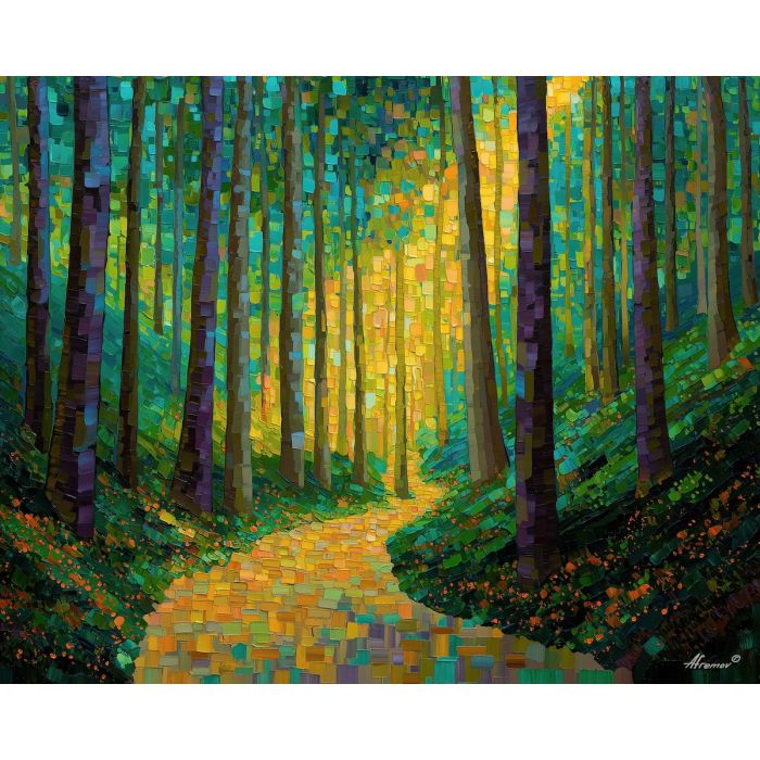 pixel forest, retro trail, 8-bit woods, blocky trees, green pixel canopy, brown path, pixel sunlight, forest blocks, nature game style, digital landscape, block texture, pixel foliage, rustic trail, geometric nature, simplified scenery, nostalgic woods, pixel greens, warm forest tones, soft pixel gradient, forest art decor