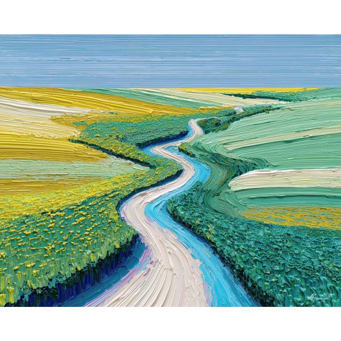 pixel river, minimal water line, green fields, 8-bit landscape, curved pixel path, pastel nature scene, simple landscape design