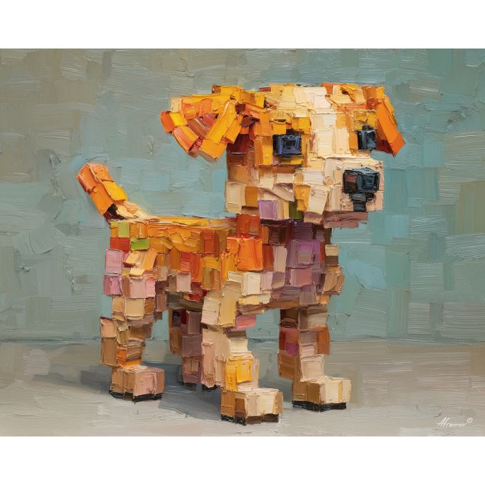 voxel dog, isometric puppy, tan cube dog, block pet, 3d pixel creature, cute voxel style, tilted head voxel dog