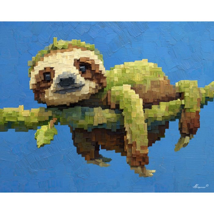 voxel sloth, isometric sloth, hanging animal, cube branch, 3d pixel sloth, adorable voxel creature