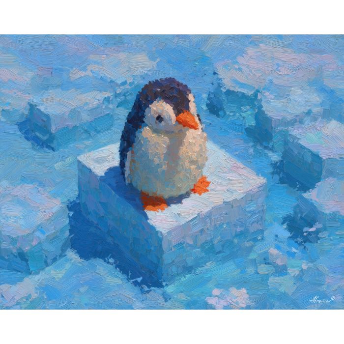 voxel penguin, isometric penguin, 3d pixel bird, cube penguin, winter voxel scene, icy cube ground, cute penguin art