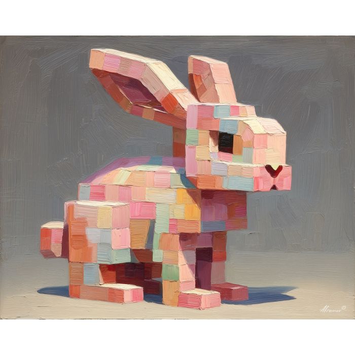 voxel bunny, isometric rabbit, 3d pixel bunny, pastel voxel animal, tall voxel ears, adorable cube bunny, iso style creature