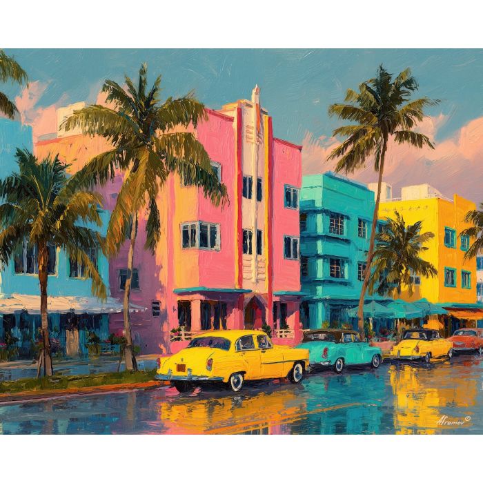 Miami Ocean Drive, Art Deco buildings, neon palm street, pink and turquoise lights, South Beach skyline, Florida nightlife, pastel neon glow, beach boulevard, palette-knife neon, iconic Miami, glowing hotels, tropical night USA, colorful street Miami, vibrant deco district, neon art scene, palm tree silhouettes, tropical nightlife, Ocean Drive lights, colorful Miami painting