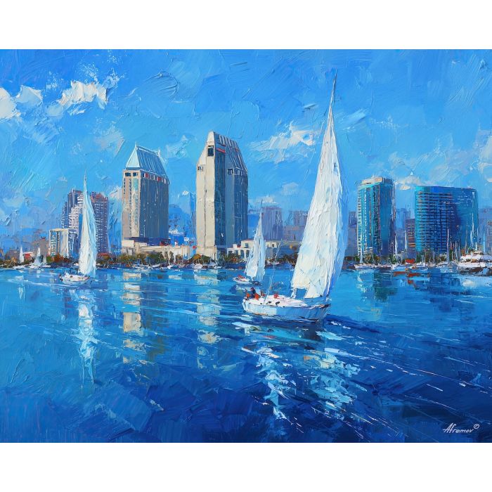 San Diego Bay, sailboats on water, coastal skyline, California harbor, bright blue sea, sunlit cityscape, West Coast marina, palette-knife water, sparkling skyscrapers, harbor boats USA, sunny sky, waterfront city, Southern California scene, blue and white contrast, nautical skyline, calm bay reflections, seaside city art, sailboat silhouettes, clear day harbor, coastal landscape